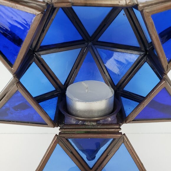 Vintage 3 Dimensional  Stained Glass 6 Points Blue Star Candleholder - Picture 5 of 6